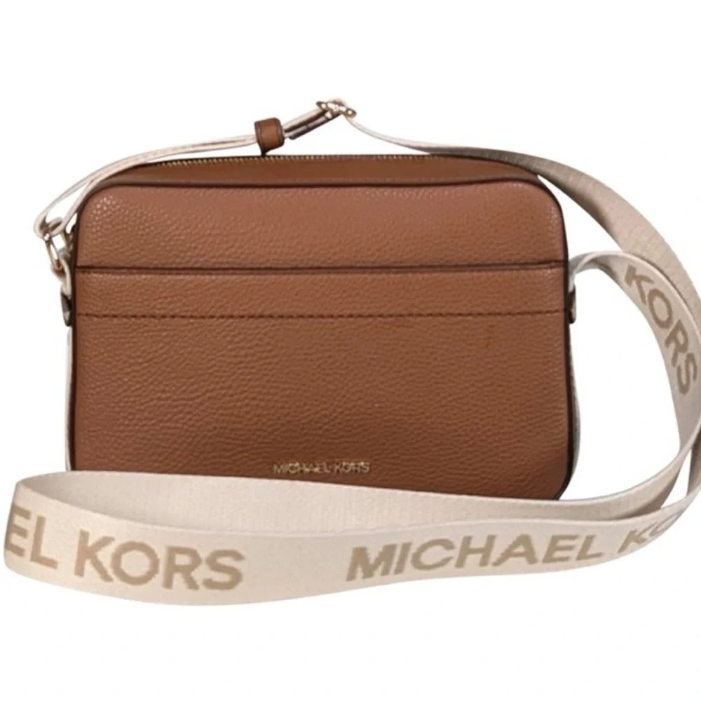 Michael Kors Tan Brown Pebbled Leather Messenger with Branded Canvas Strap - Picture 1 of 5